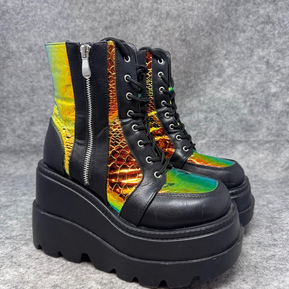 Cape Robbin Radio Platform Boots Womens Size 7 Black Holographic Snakeskin Goth